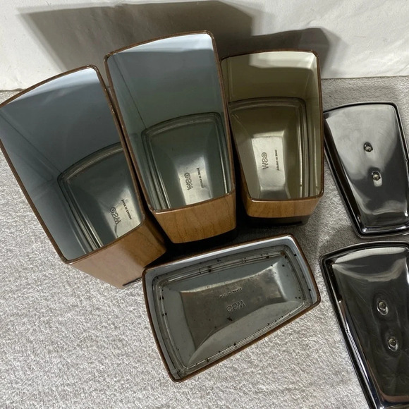 Vintage GSW MCM Faux Wood Metal Canister Set Sugar Flour Coffee Tea - Picture 8 of 14